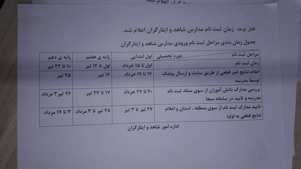 زمان پیش ثبت نام مدارس شاهد شهرستان بویراحمد اعلام شد